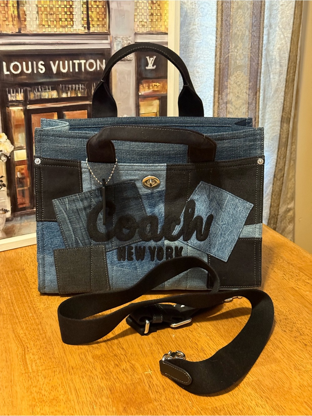 Coach Denim Patchwork Cargo Tote Bag with Crossbody Strap in black